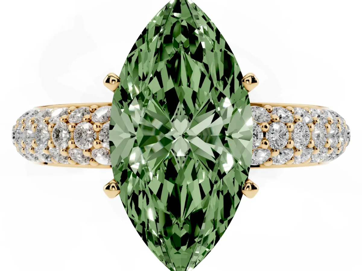 Fancy Green Marquise Cut Diamond Solitaire Ring with Prong Setting and Pavé Band Yellow gold