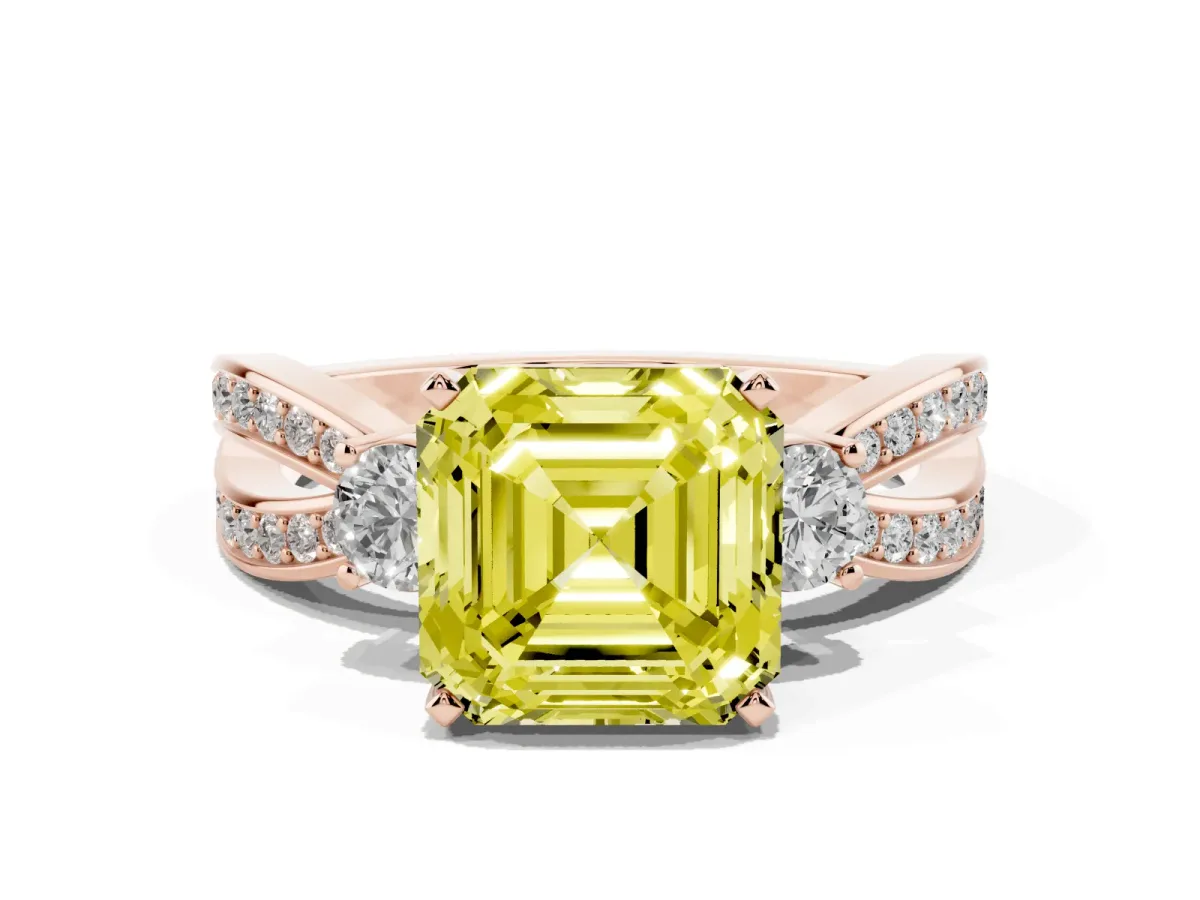Fancy Yellow Three-Stone Asscher Cut Cut Diamond Twist Band with Prong Setting Rose gold