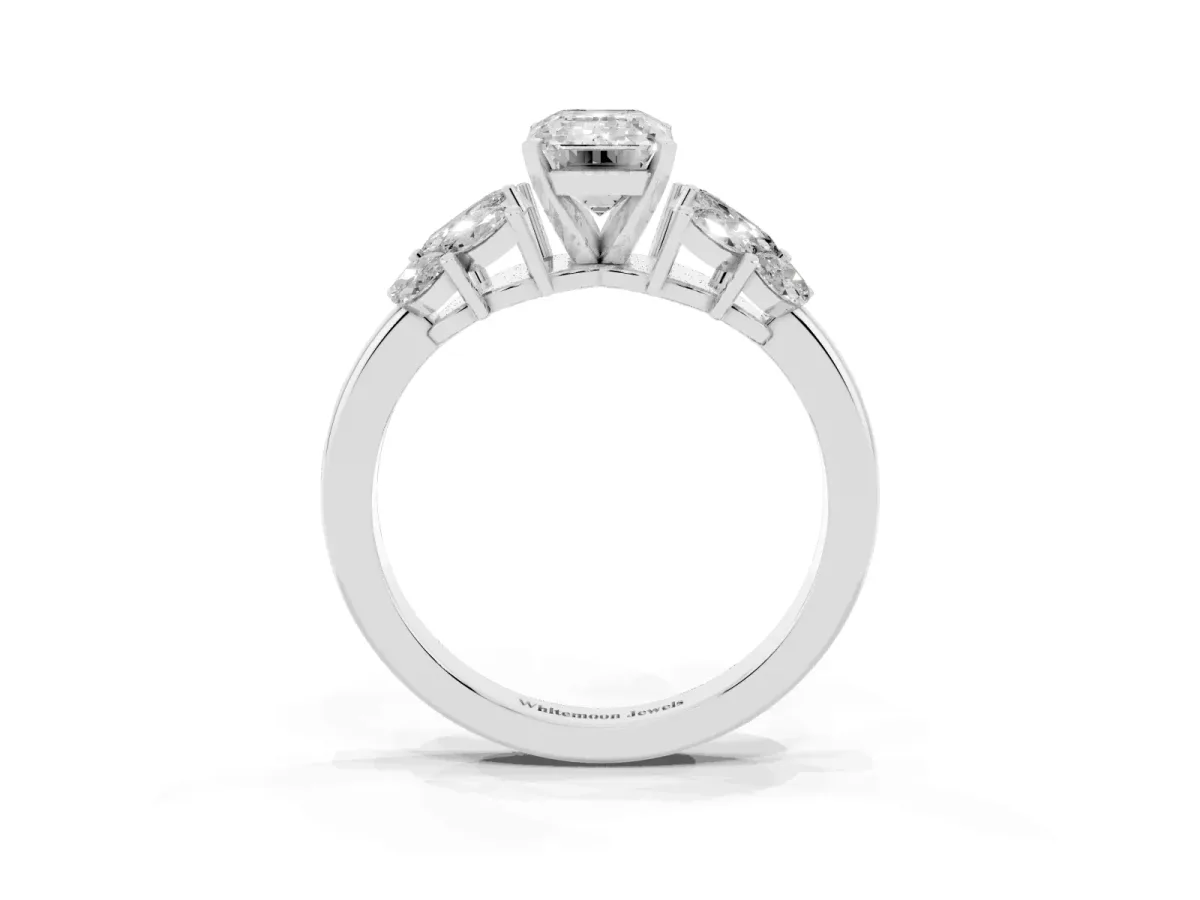 Emerald Cut Diamond Cluster Leaf Design Ring with Prong Setting White gold
