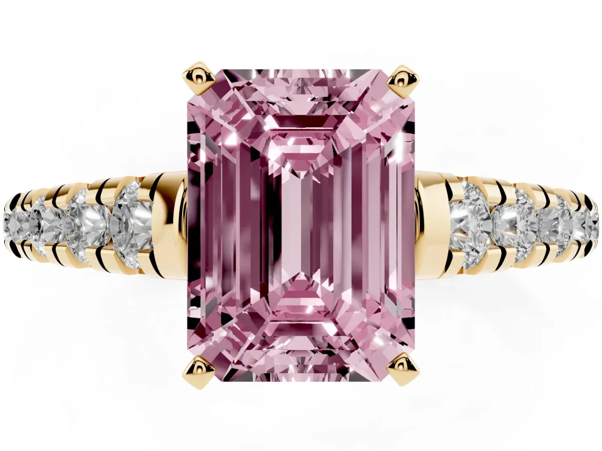 Fancy Pink Emerald Cut Diamond Cathedral Solitaire Ring with Round Pavé Band Yellow gold