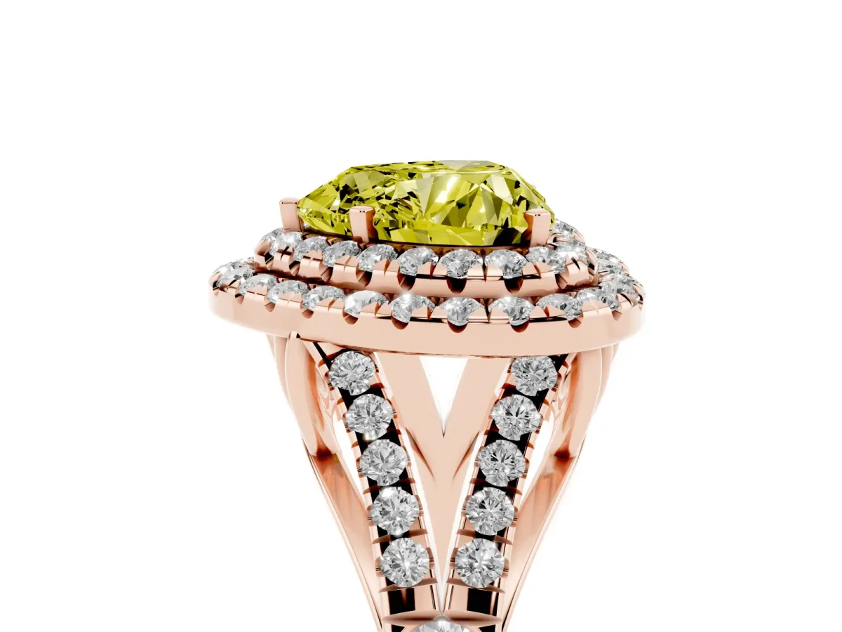 Fancy Yellow Double Halo Heart Cut Diamond Split Shank Engagement Ring with Four-Prong Setting Rose gold