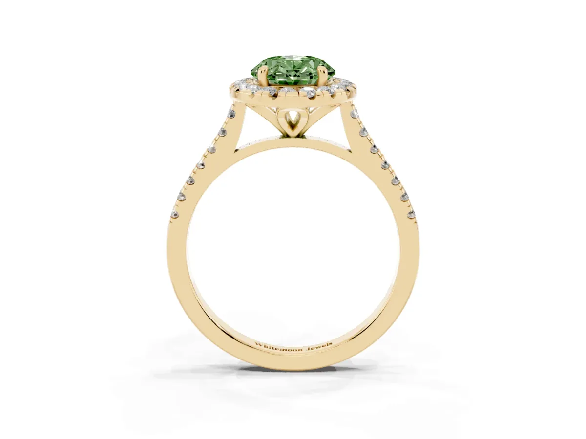 Fancy Green Oval Cut Diamond Cushion Halo Ring with Pavé Band Yellow gold