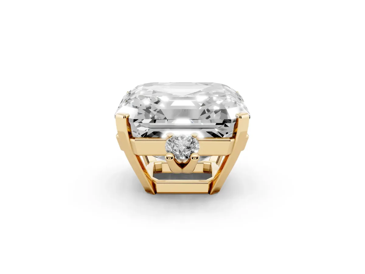 Asscher Cut Cut Three-Stone Solitaire Ring with Round Accent Diamonds and Four-Prong Setting Yellow gold