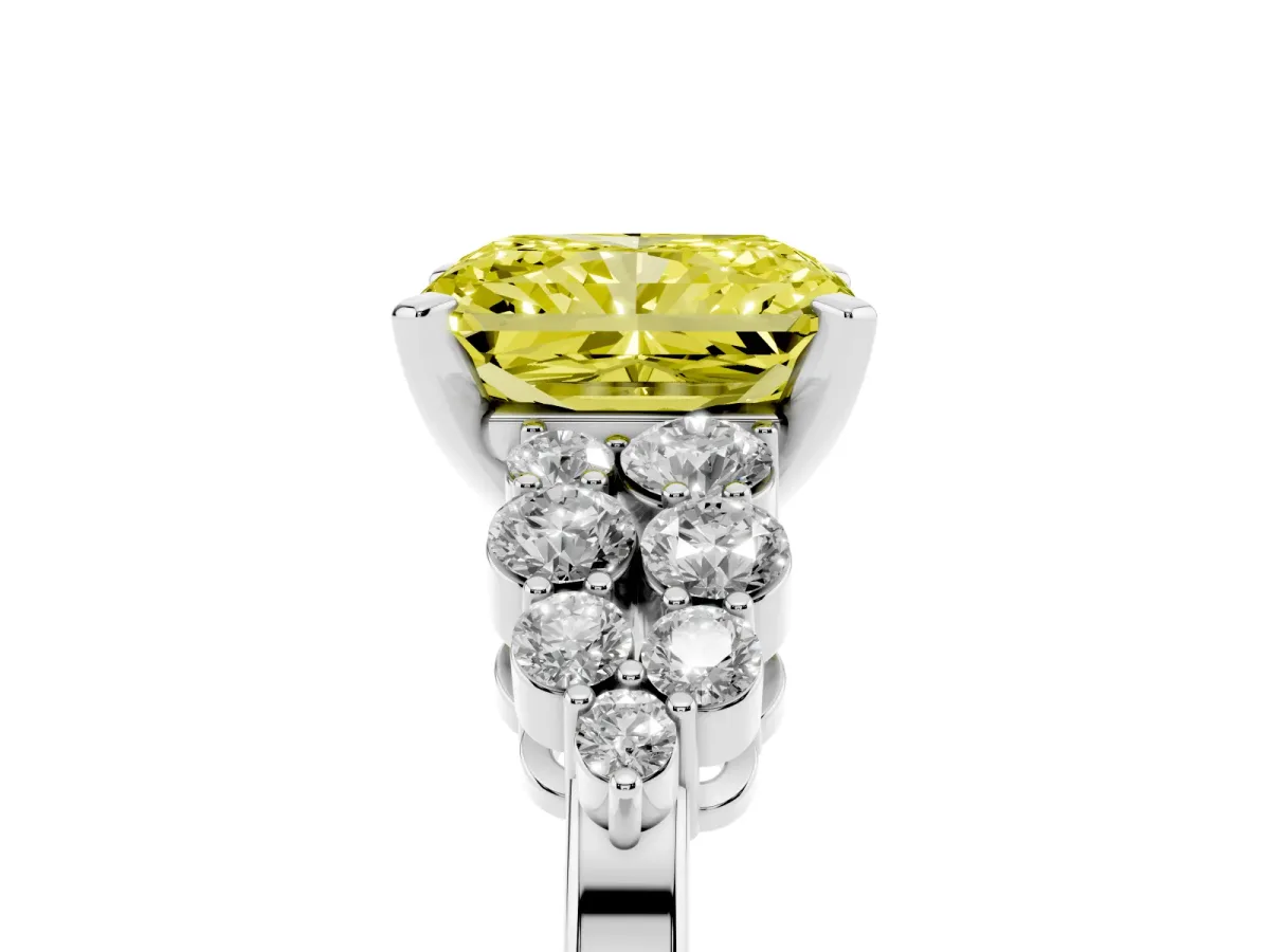 Fancy Yellow Radiant Cut Cluster Diamond Engagement Ring with Pavé Band and Four-Prong Setting White gold