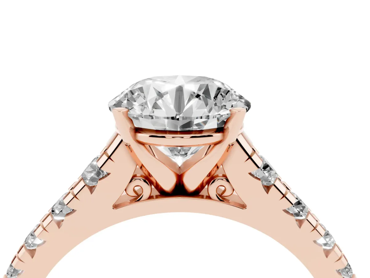 Round Cut Diamond Cathedral Solitaire Ring with Round Pavé Band Rose gold