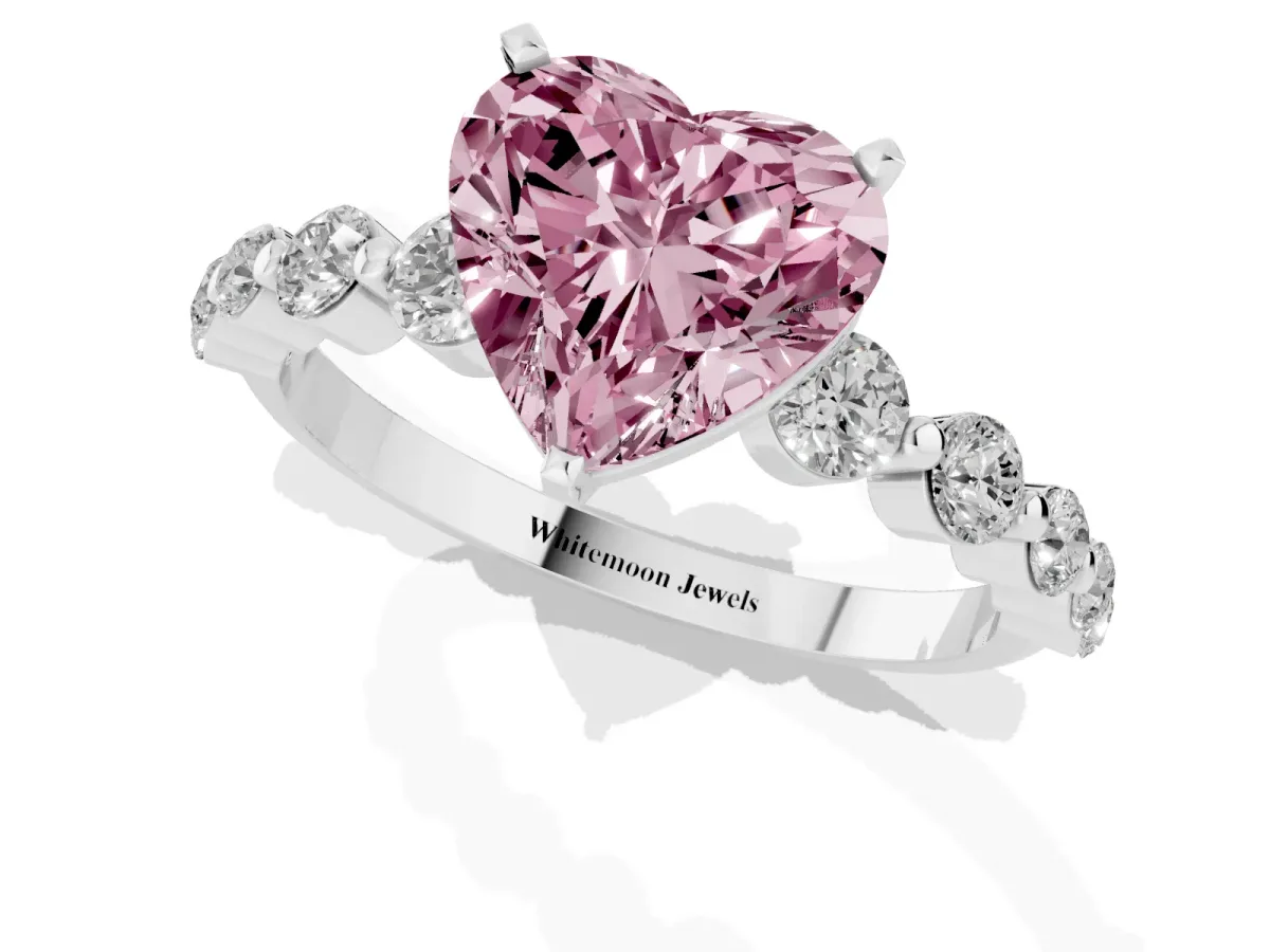 Fancy Pink Heart Cut Solitaire Diamond Ring with Pave Band and Four-Prong Setting Silver