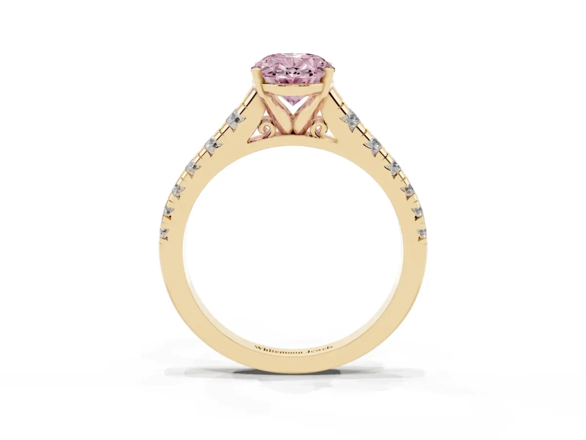 Fancy Pink Oval Cut Diamond Cathedral Solitaire Ring with Round Pavé Band Yellow gold