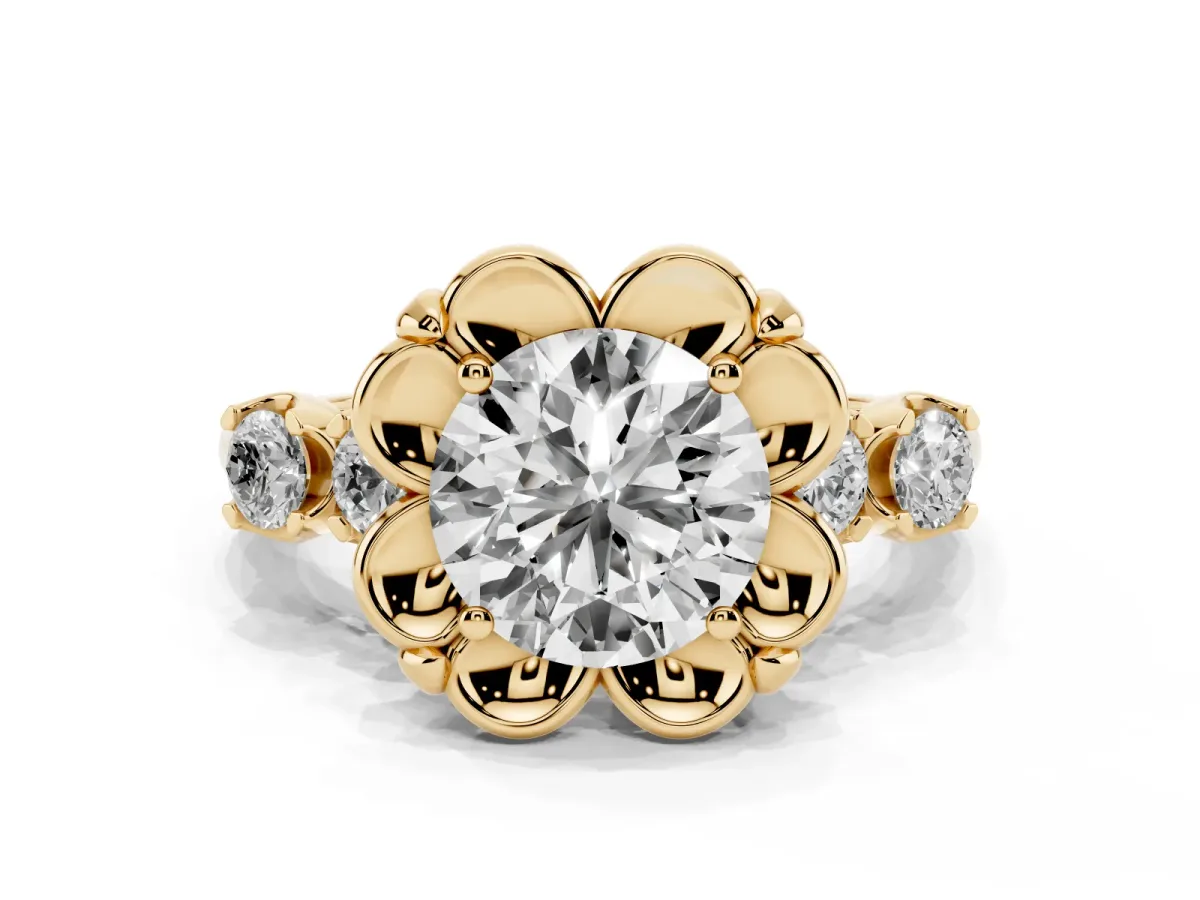 Round Cut Cut Diamond Floral Halo Engagement Ring with Shared Prong Setting Yellow gold