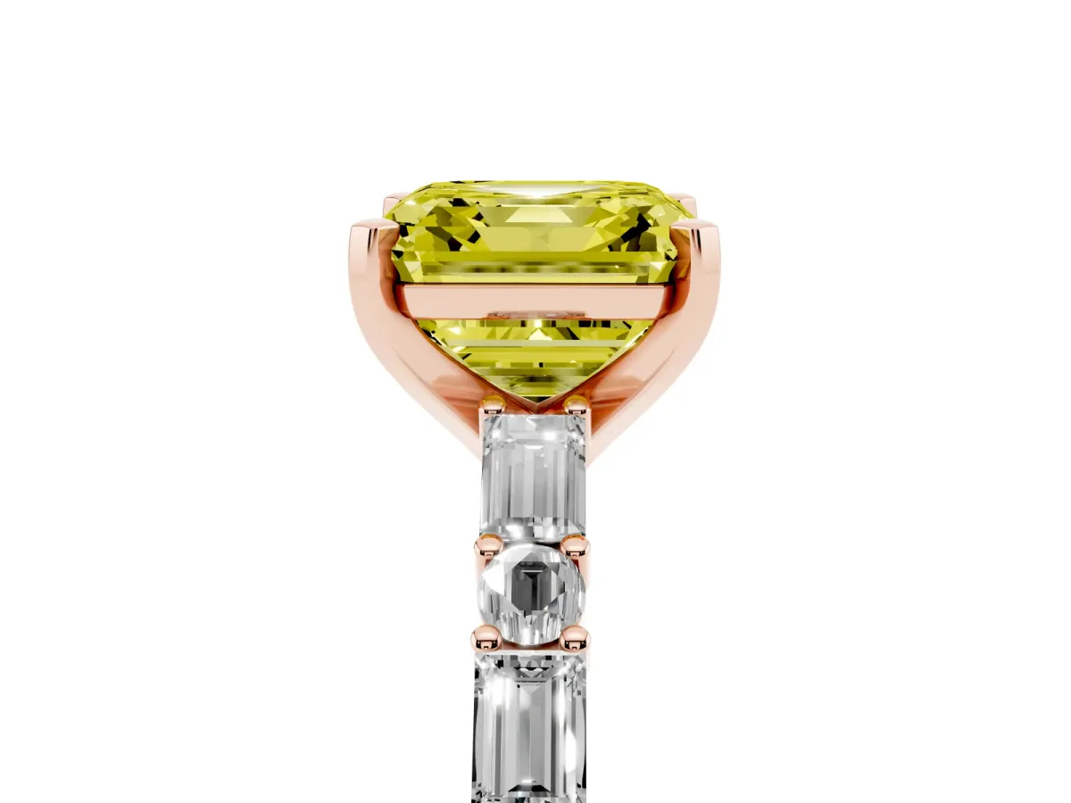 Fancy Yellow Asscher Cut Diamond Solitaire with Side Baguettes and Channel Set Band Rose gold