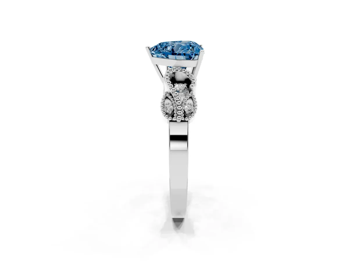 Fancy Blue Heart Cut Solitaire Milgrain Leaf Band with Prong Setting Silver