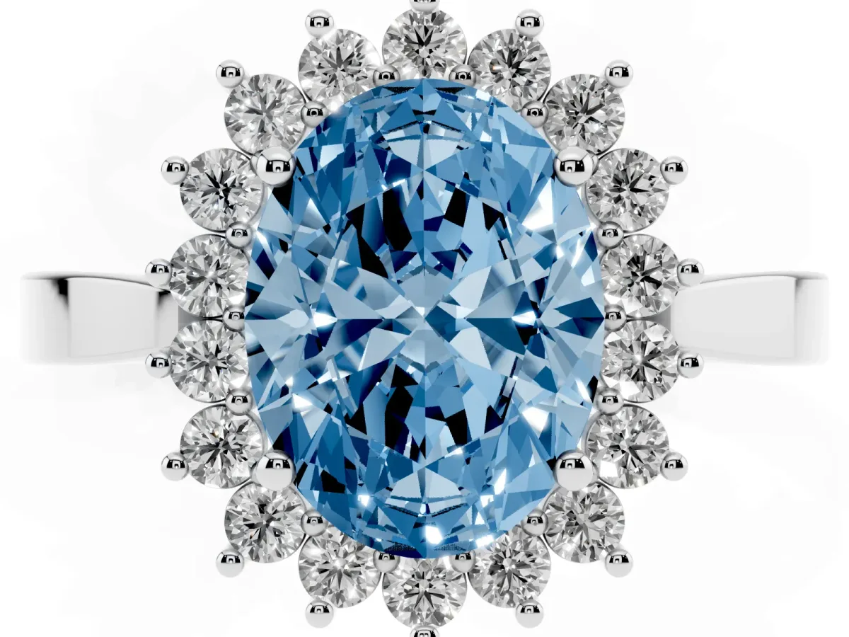 Fancy Blue Oval Cut Cut Diamond Halo Ring with Round Brilliant Halo and Solitaire Band Silver