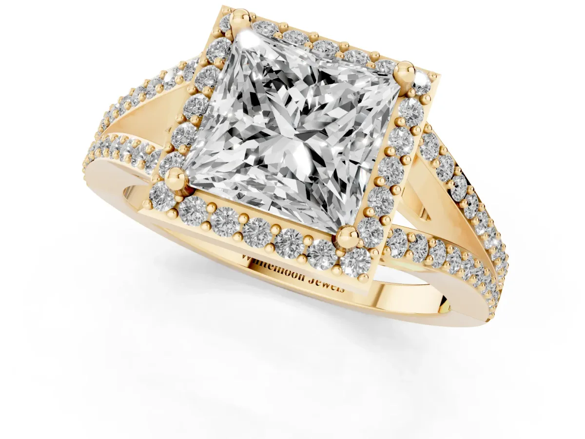 Princess Cut Halo Split Shank Pave Diamond Ring with Four-Prong Setting Yellow gold