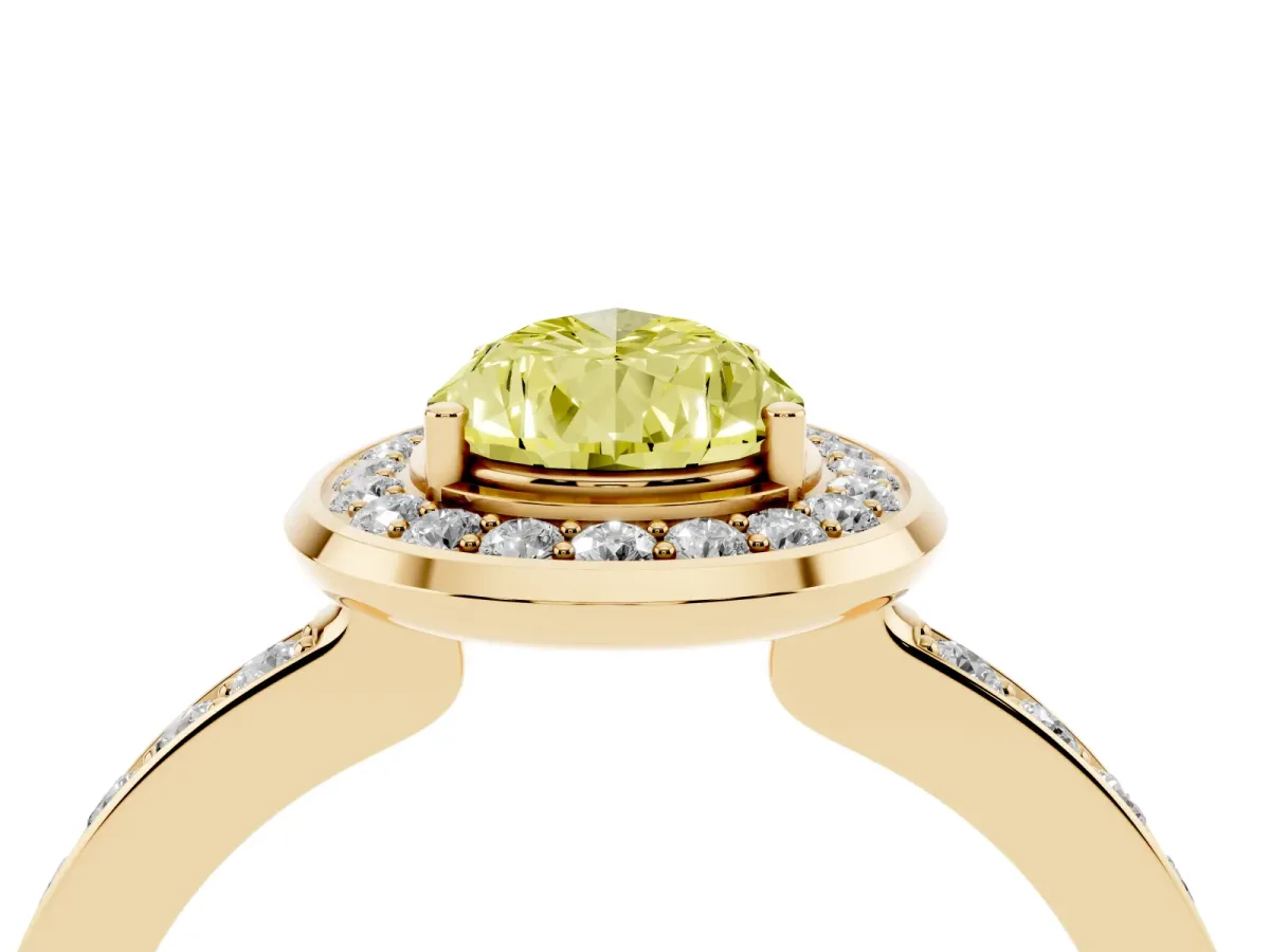 Fancy Yellow Pear Cut Diamond Halo Ring with Bezel Frame and Pavé Band Yellow gold