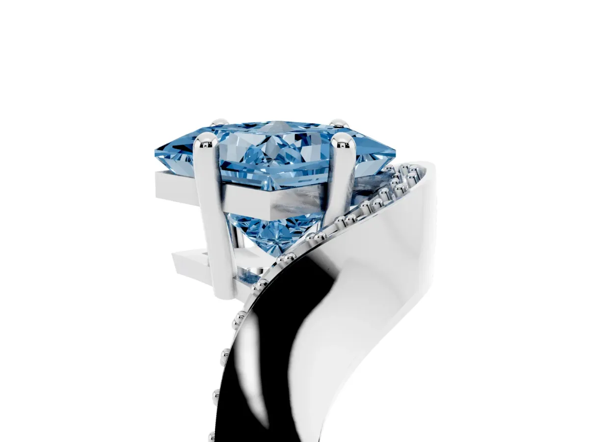 Fancy Blue Princess Cut Solitaire Diamond Engagement Ring with Pave Band and Four-Prong Setting Silver