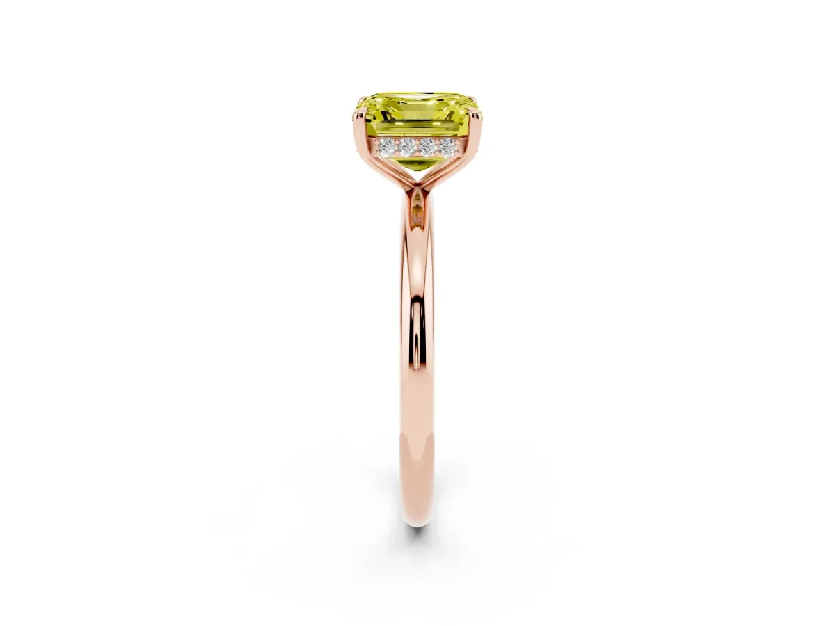 Fancy Yellow Asscher Cut Diamond Solitaire Ring with Thin Band and Four-Prong Setting Rose gold