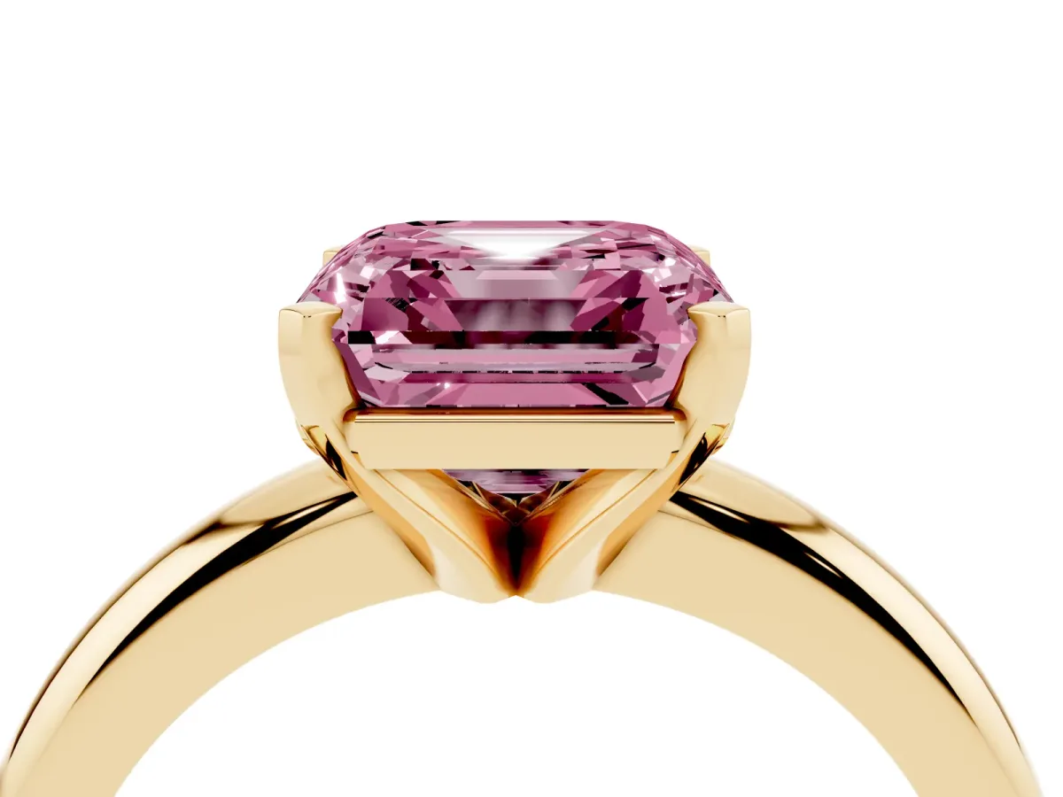 Fancy Pink Asscher Cut Diamond Solitaire Engagement Ring with Round Band and Four-Prong Setting Yellow gold