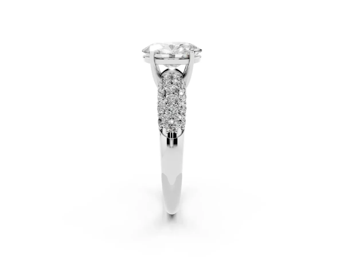 Oval Cut Diamond Pavé Band Solitaire Ring with Four-Prong Setting Silver