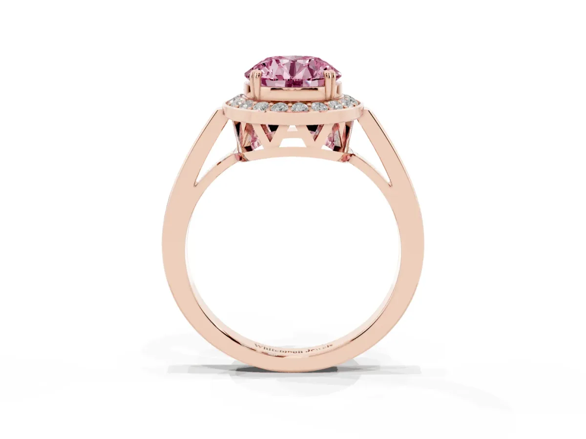 Fancy Pink Round Cut Diamond Halo Ring with Split Shank and Four-Prong Setting Rose gold