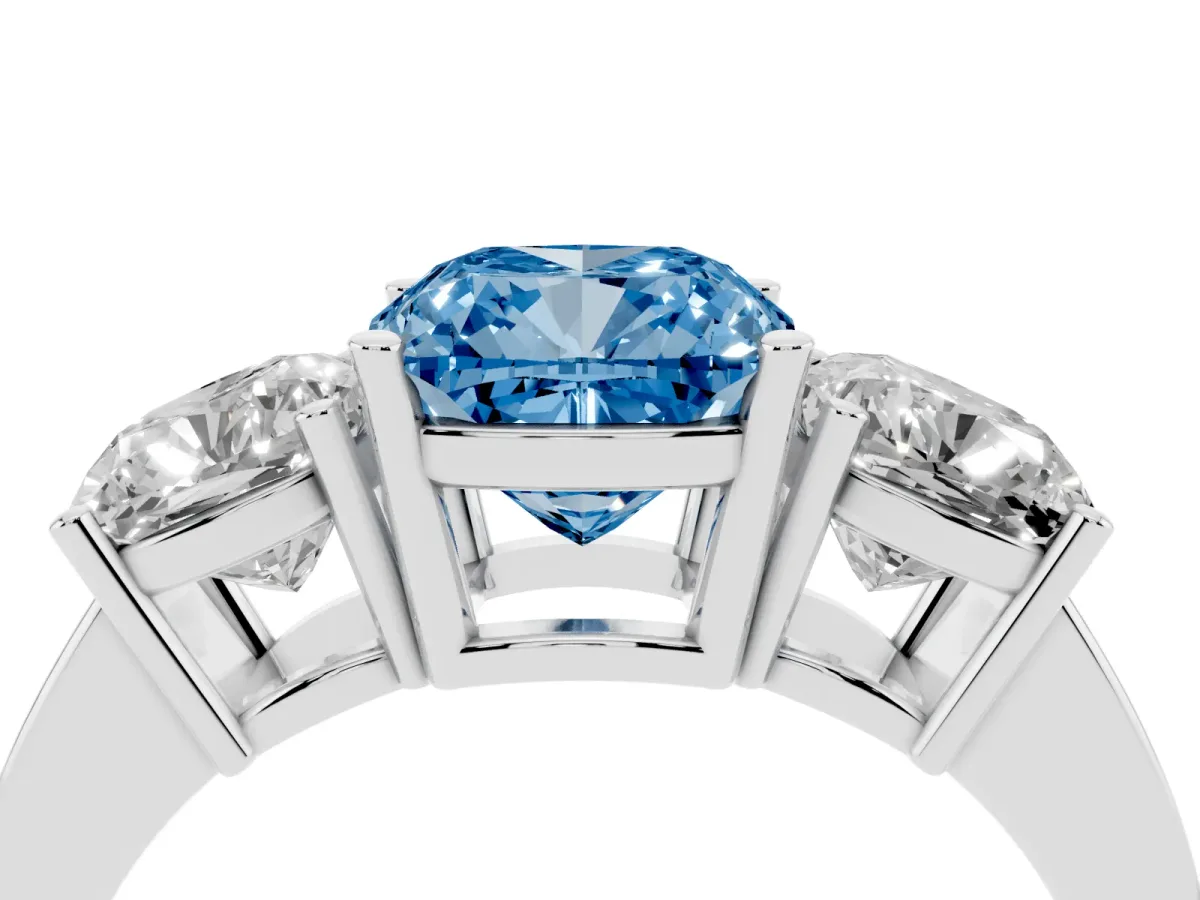 Fancy Blue Three-Stone Cushion Cut Cut Diamond Engagement Ring with Flat Band and Four-Prong Setting Silver