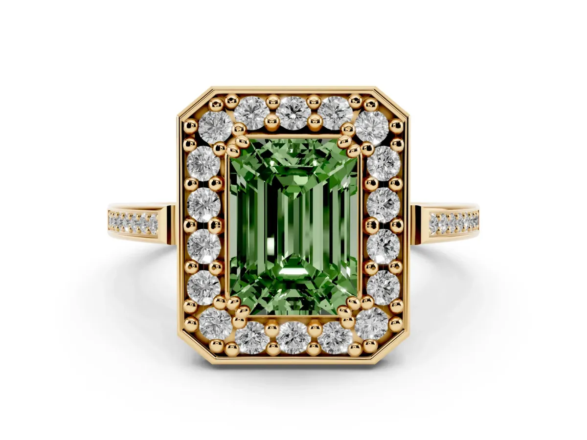 Fancy Green Emerald Cut Diamond Halo Ring with Split Shank and Four-Prong Setting Yellow gold