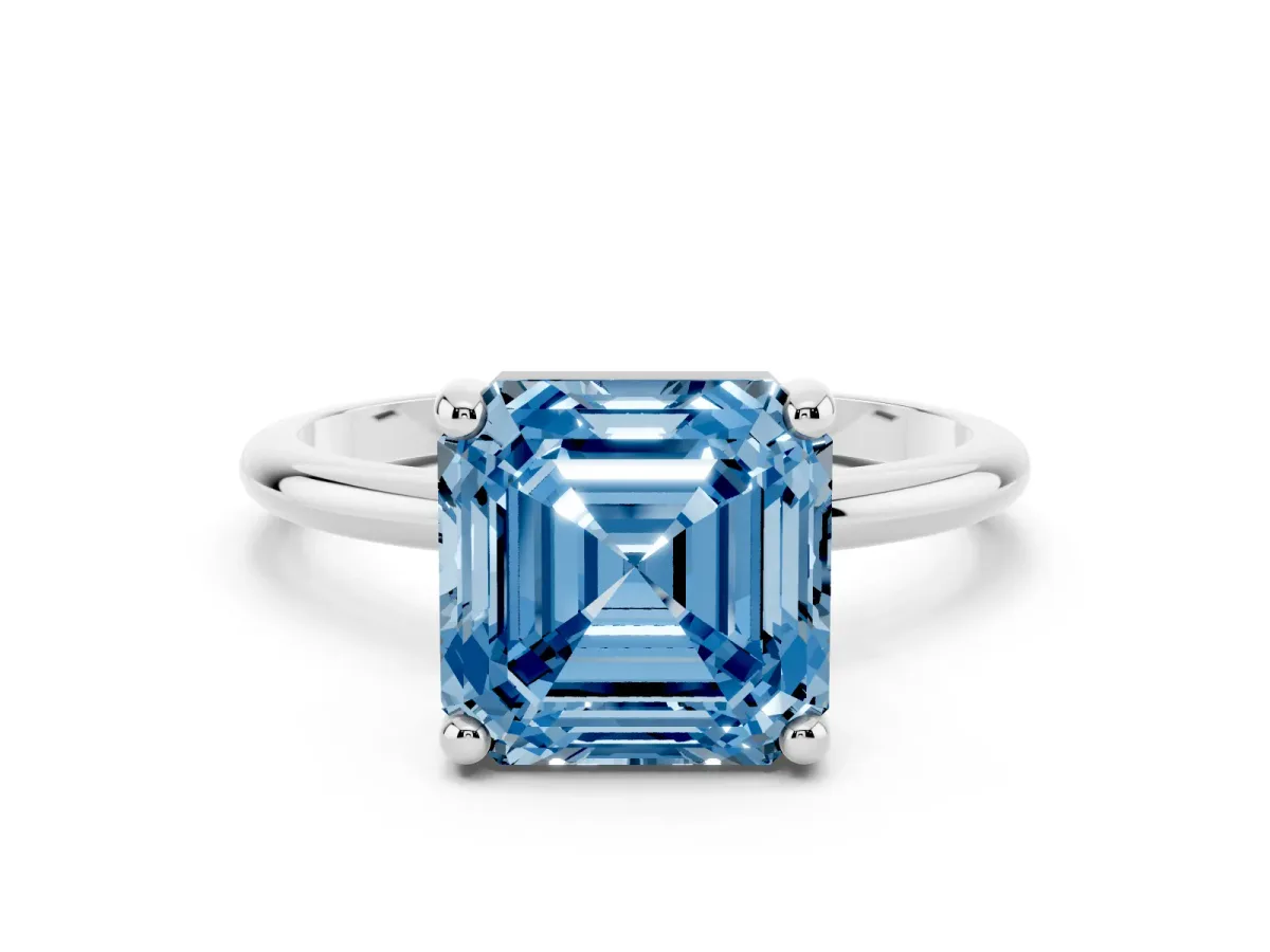 Fancy Blue Asscher Cut Solitaire Diamond Ring with 4-Prong Setting on a Classic Band Silver