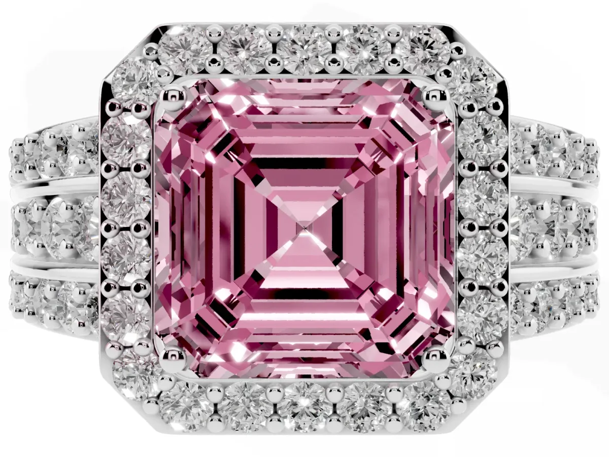Fancy Pink Asscher Cut Halo Diamond Ring with Round Split Shank and Prong Setting Platinum