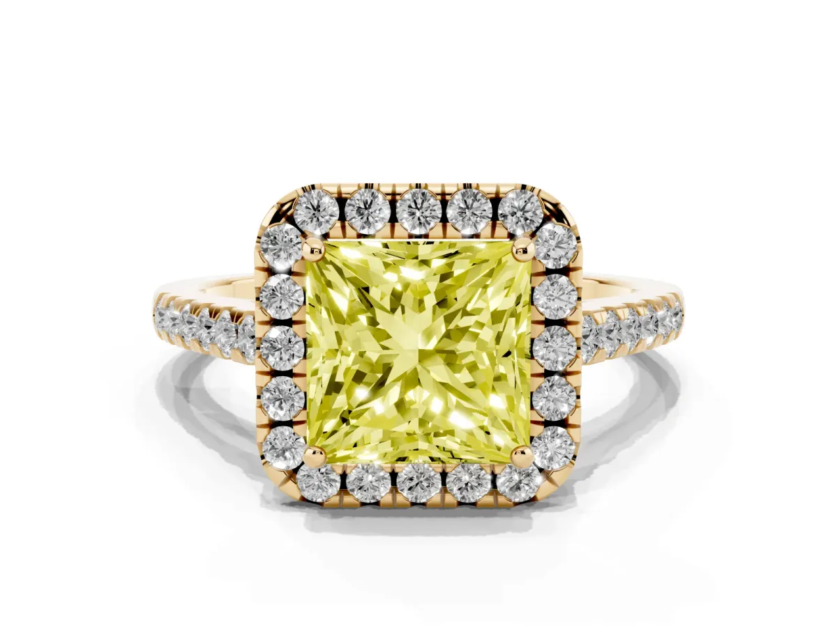 Fancy Yellow Princess Cut Halo Pave Diamond Engagement Ring with Four-Prong Setting Yellow gold