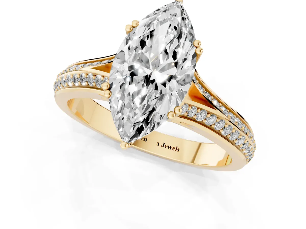 Marquise Cut Diamond Split Shank Engagement Ring with Pavé Band Yellow gold