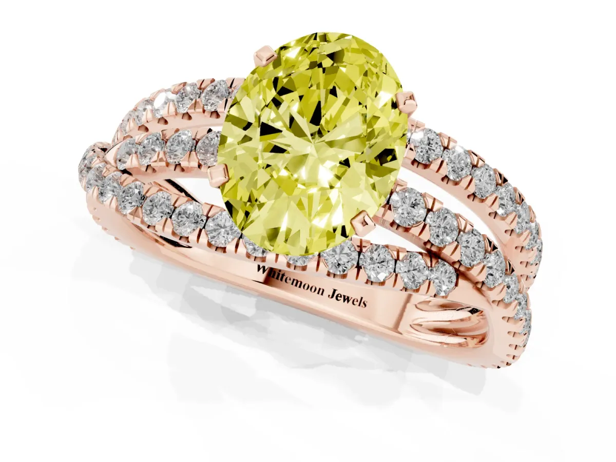 Fancy Yellow Oval Cut Solitaire Twist Band with Pavé Setting and Four-Prong Setting Rose gold