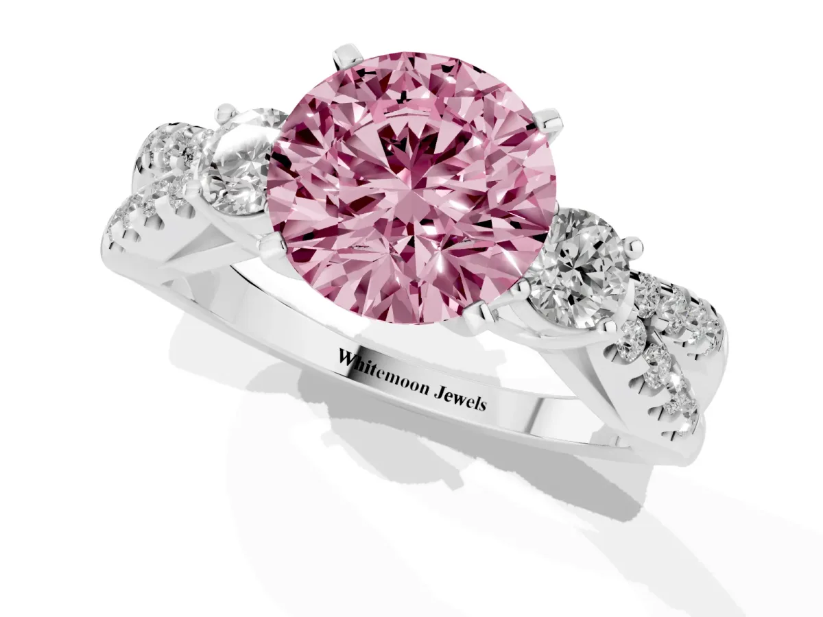 Fancy Pink Round Cut Diamond Three-Stone Ring with Pavé Split Shank and Four-Prong Setting Silver