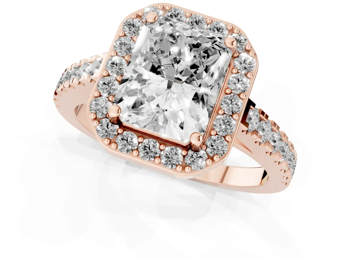 Radiant Cut Diamond Halo Ring with Round Pavé Split Shank and Prong Setting Rose gold