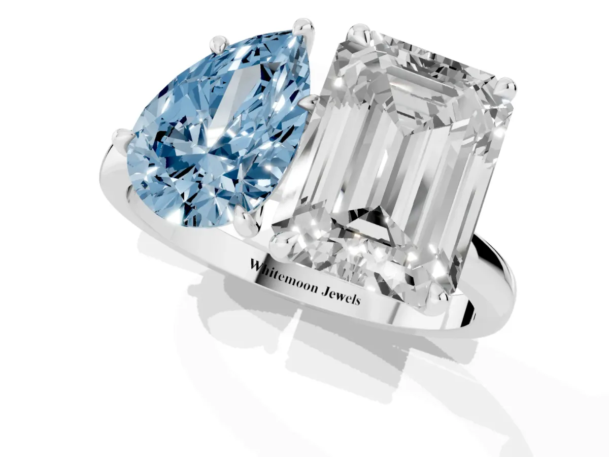 Fancy Blue Pear Cut and Emerald Cut Toi Moi Ring with Prong Setting Platinum