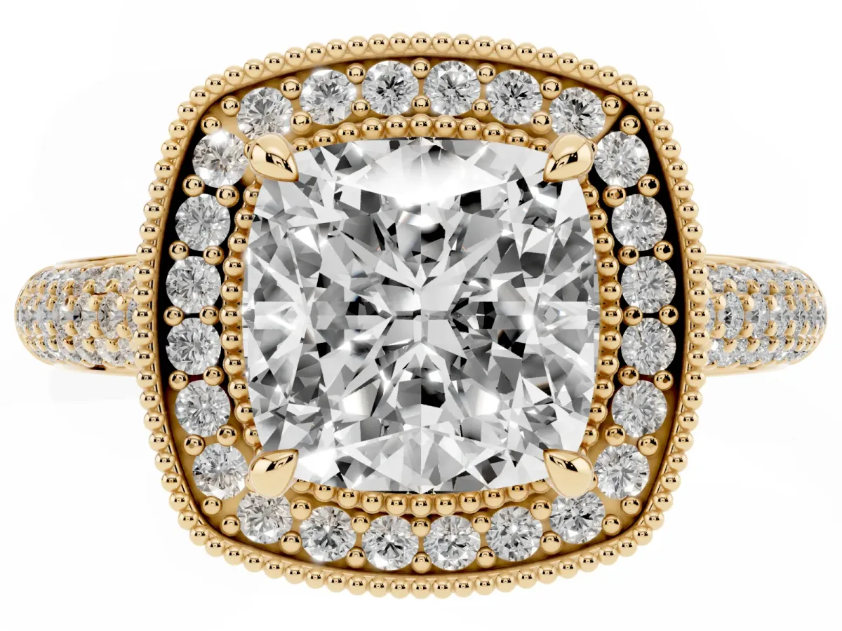 Cushion Cut Cut Halo Diamond Pave Band with Four-Prong Setting Yellow gold