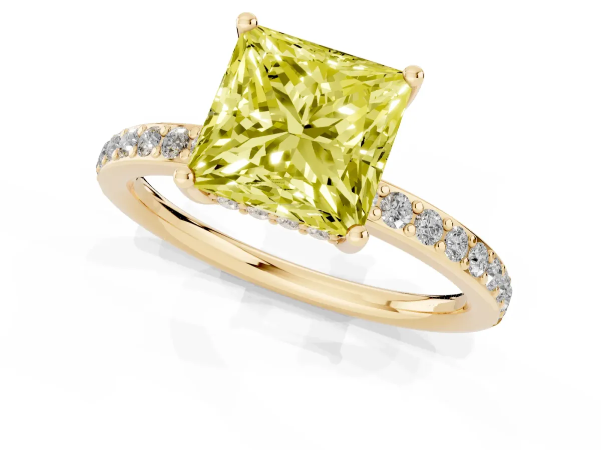 Fancy Yellow Princess Cut Cut Diamond Pavé Band Ring with Four-Prong Setting Yellow gold