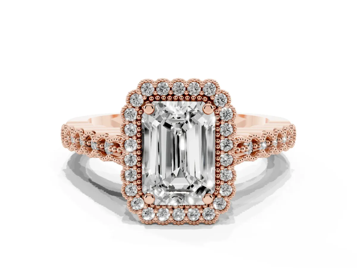 Emerald Cut Cut Halo Pavé Solitaire Ring with Milgrain Band Rose gold