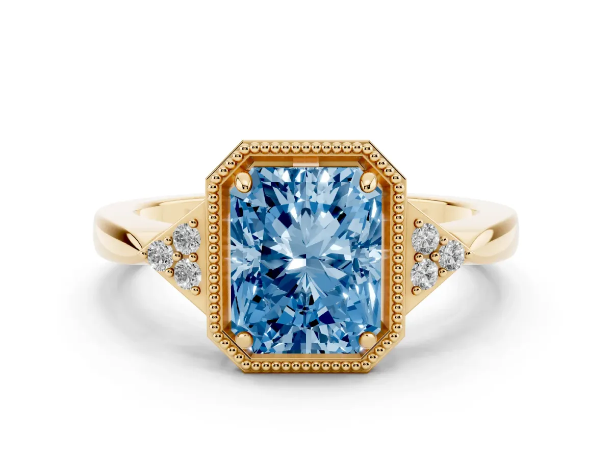 Fancy Blue Radiant Cut Diamond Halo Ring with Tapered Band and Four-Prong Setting Yellow gold