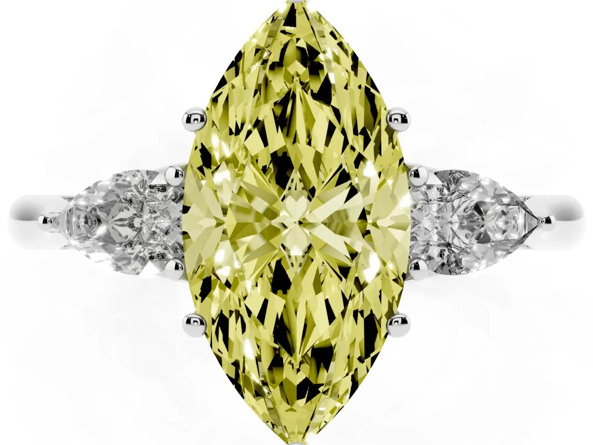 Fancy Yellow Marquise Cut Diamond Three-Stone Ring with Pear Side Stones and Prong Setting Silver