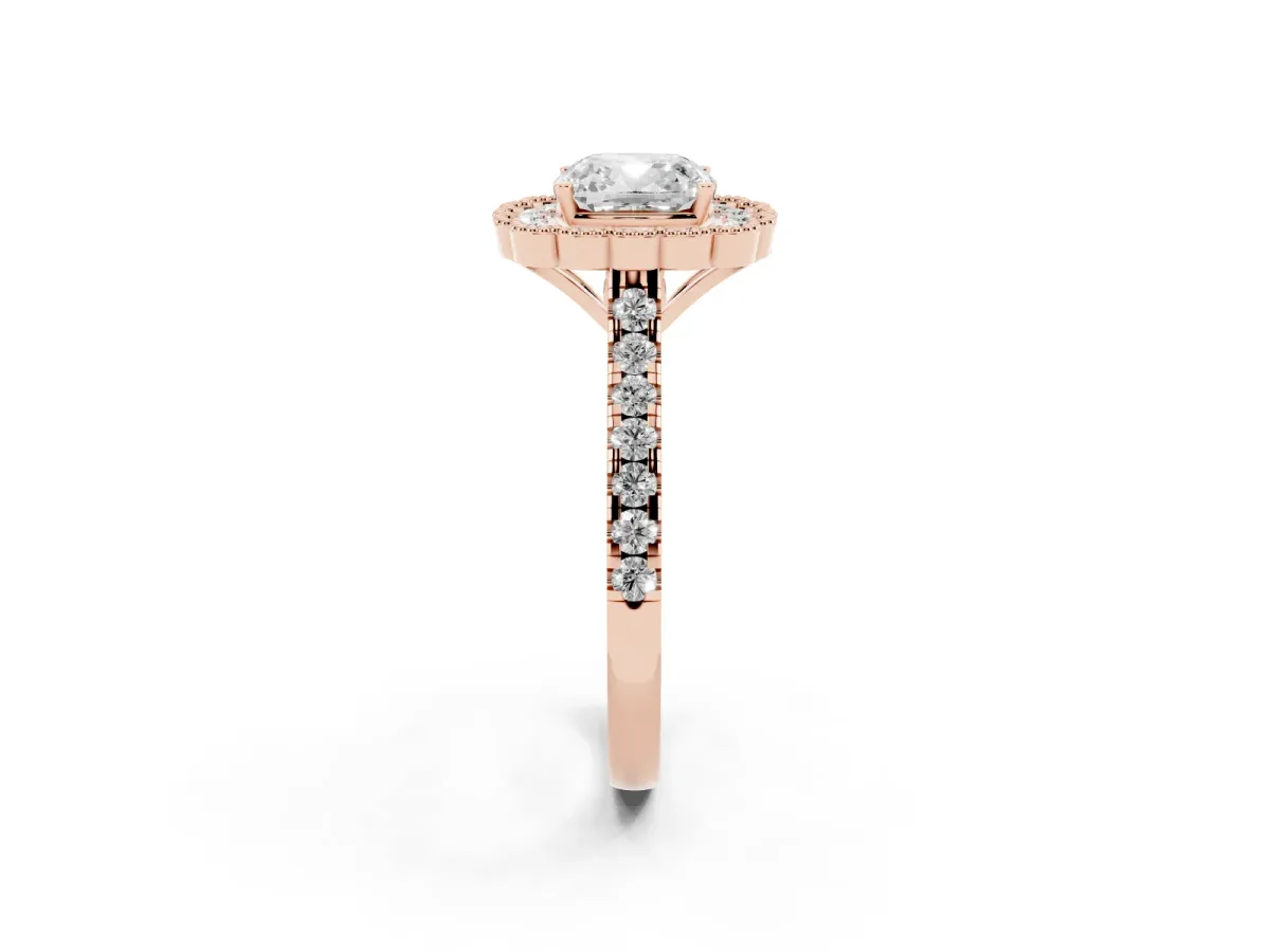 Cushion Cut Cut Diamond Milgrain Floral Halo Engagement Ring with Pavé Band Rose gold