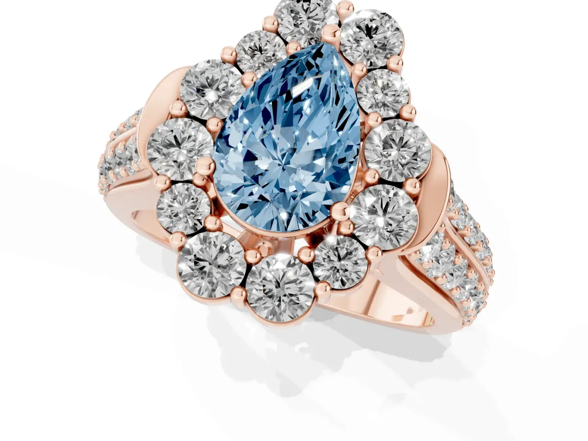 Fancy Blue Pear Cut Halo Diamond Engagement Ring with Split Shank and Prong Setting Rose gold