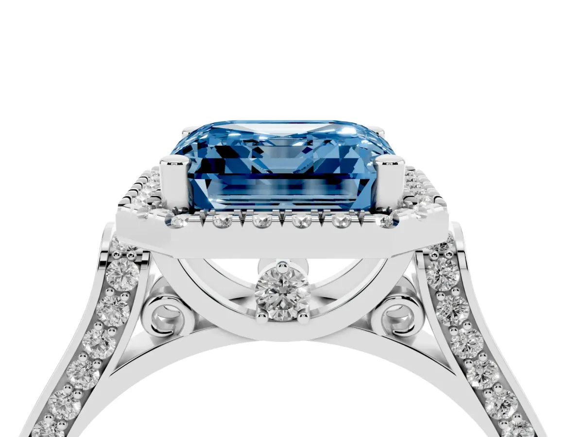Fancy Blue Asscher Cut Halo Pave Split Shank Prong Setting Ring Silver