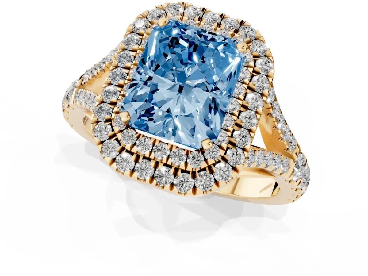 Fancy Blue Double Halo Radiant Cut Diamond Split Shank Engagement Ring with Four-Prong Setting Yellow gold