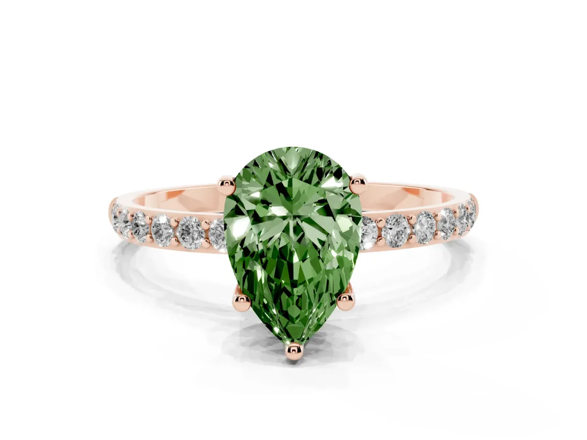 Fancy Green Pear Cut Diamond Solitaire Ring with Round Pavé Shoulders and Prong Setting Rose gold