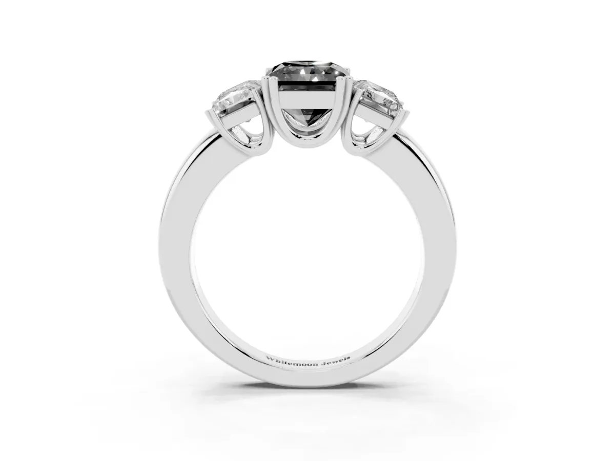 Fancy Black Three-Stone Radiant Cut Cut Diamond Ring with Channel Set Band and Four-Prong Setting Silver