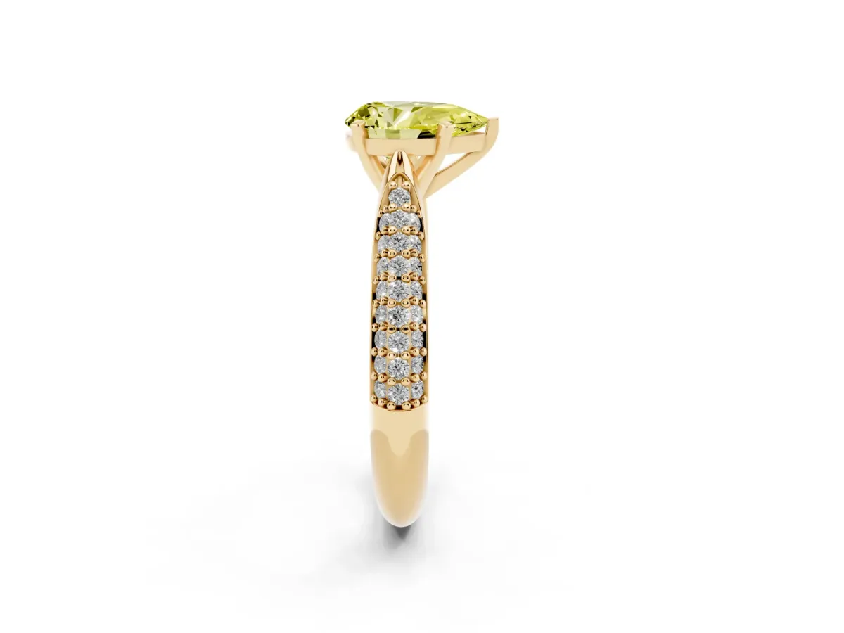 Fancy Yellow Pear Cut Diamond Solitaire Engagement Ring with Multi-Row Round Pavé Band and Prong Setting Yellow gold