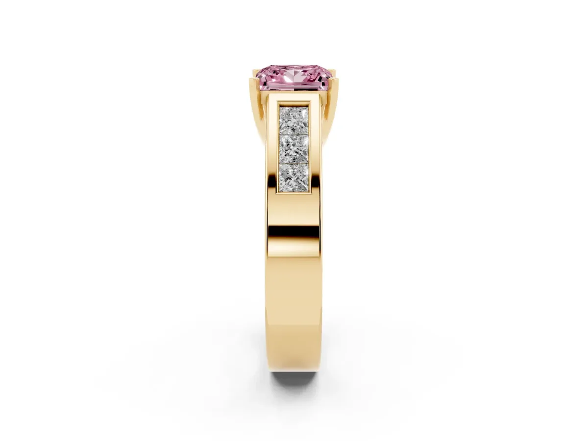 Fancy Pink Princess Cut Cut Channel Set Solitaire Ring with Four-Prong Setting Yellow gold
