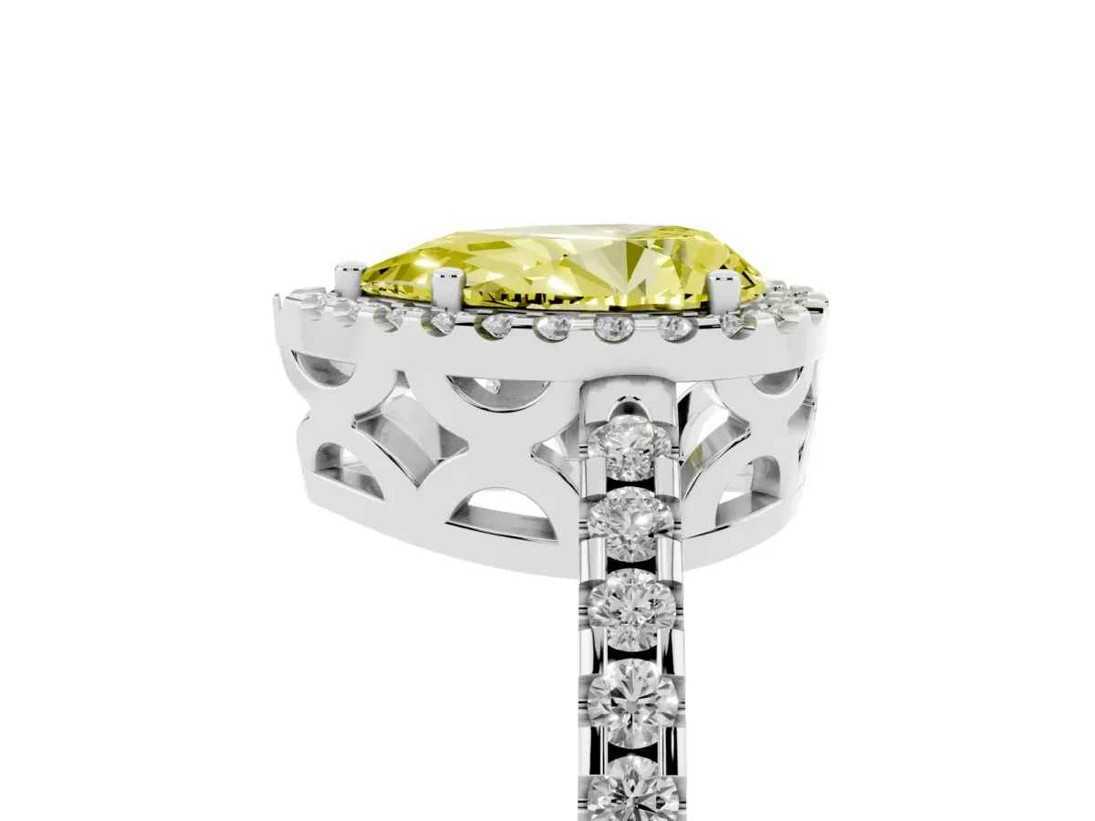 Fancy Yellow Pear Cut Diamond Halo Engagement Ring with Pavé Band and Prong Setting White gold
