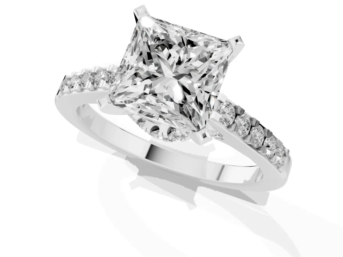 Princess Cut Diamond Solitaire Ring with Crossover Gallery and Round Pavé Band Silver