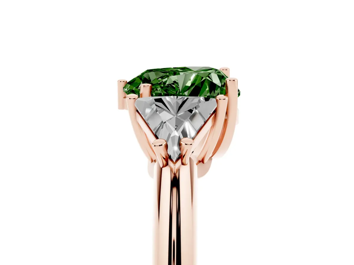 Fancy Green Three-Stone Heart Cut Diamond Engagement Ring with Trillion Side Stones and Prong Setting Rose gold
