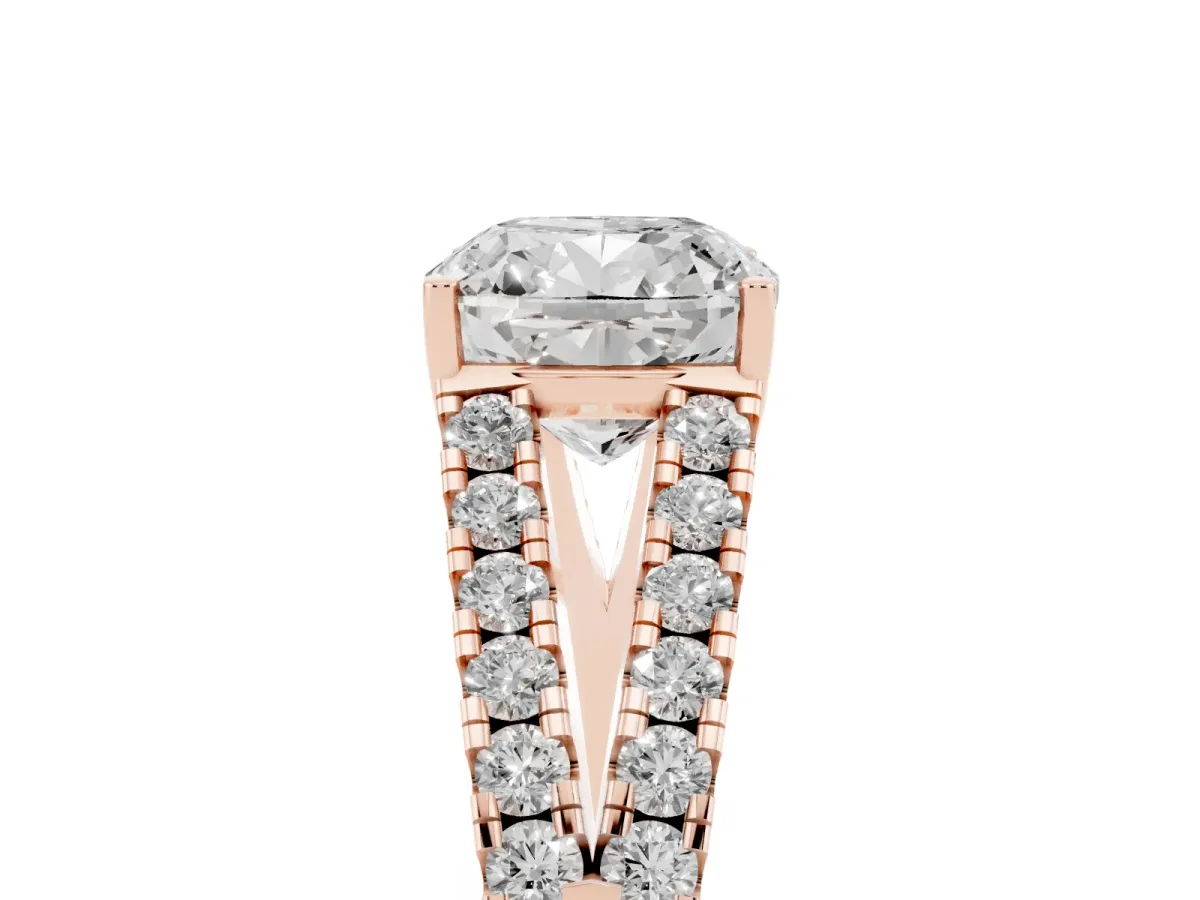 Cushion Cut Diamond Split Shank Pavé Engagement Ring with Four-Prong Setting Rose gold