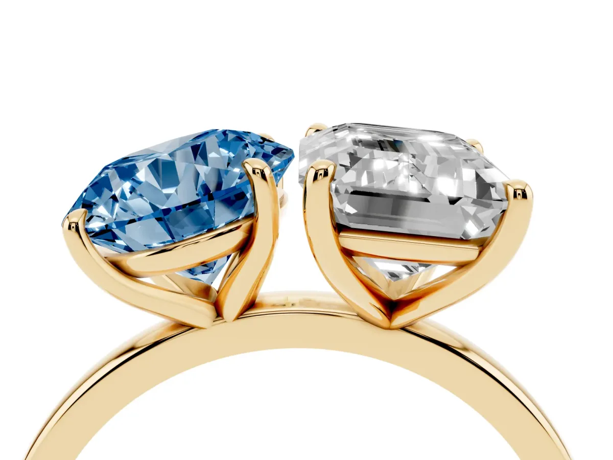 Fancy Blue Round Cut and Emerald Cut Toi Moi Ring with Prong Setting Yellow gold